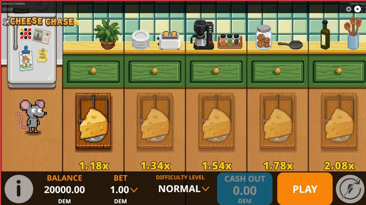 Interface do jogo Cheese Chase com tema de cozinha retrô
