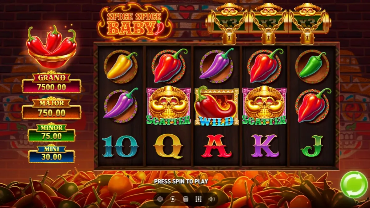 Tela de jogo do slot Spice Spice Baby com pimentas coloridas e interface festiva