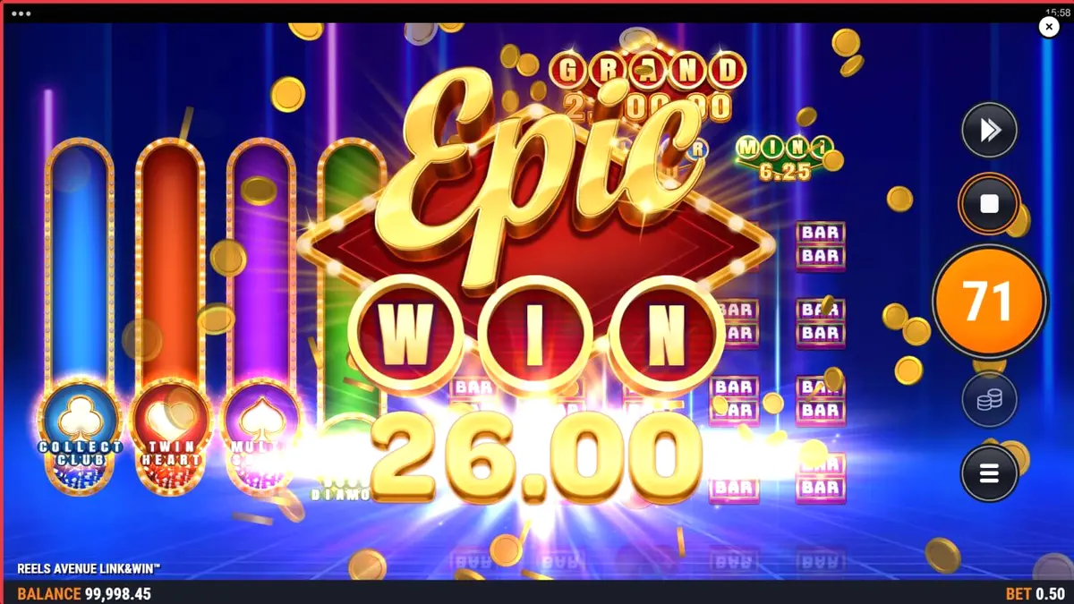 Interface futurista e neon do slot Reels Avenue Link&Win