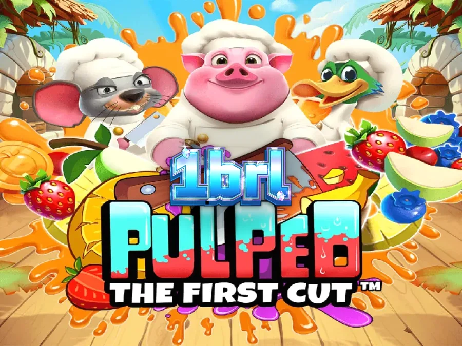 Interface colorida e tropical do slot Pulped: The First Cut com os personagens chefs
